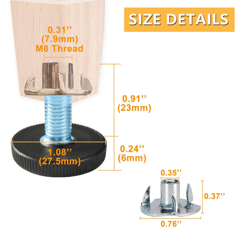 WAFJAMF 24 PCS M8 Thread Adjustable Furniture Levelers Screw in Threaded, Steel Screw Feet Leveling Legs Screw On w/T-Nuts Glide for Table, Chair, Furniture Leg (M8 Thread) - Image 2